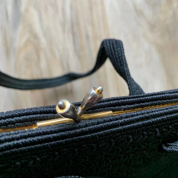 VINTAGE 1940s Black Corde Handbag by Gold Seal - Retro Handbag - Picture 15 of 15